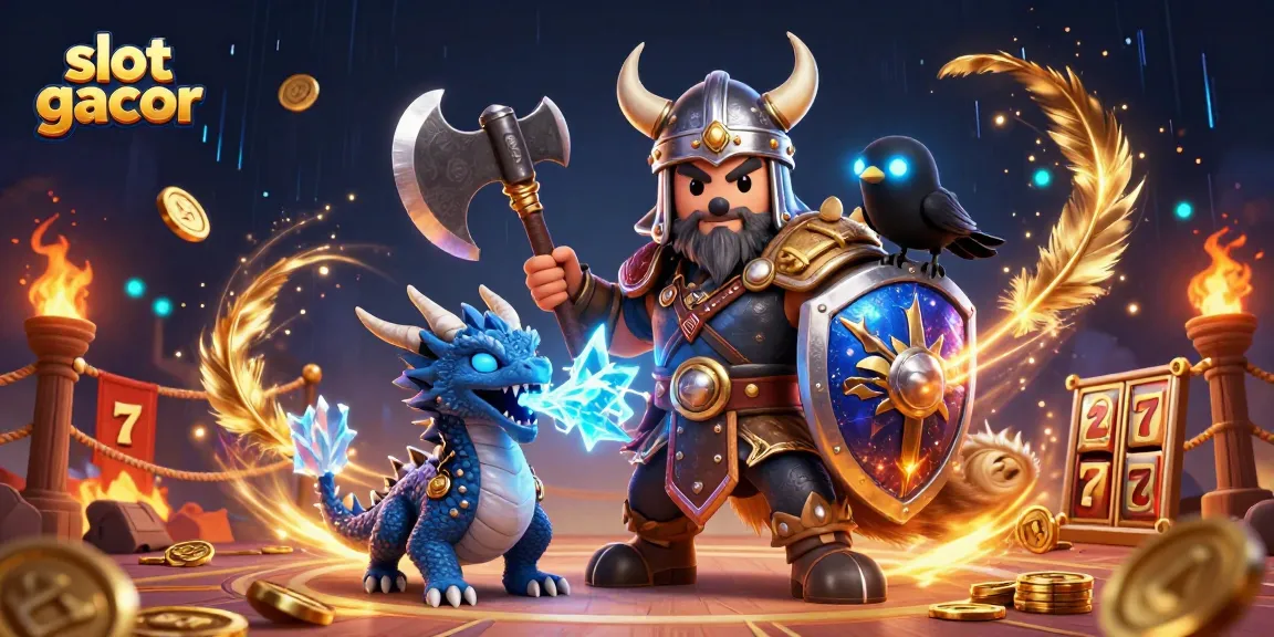 Engage in slot gacor excitement with a Viking warrior, dragon, and vibrant casino symbols.