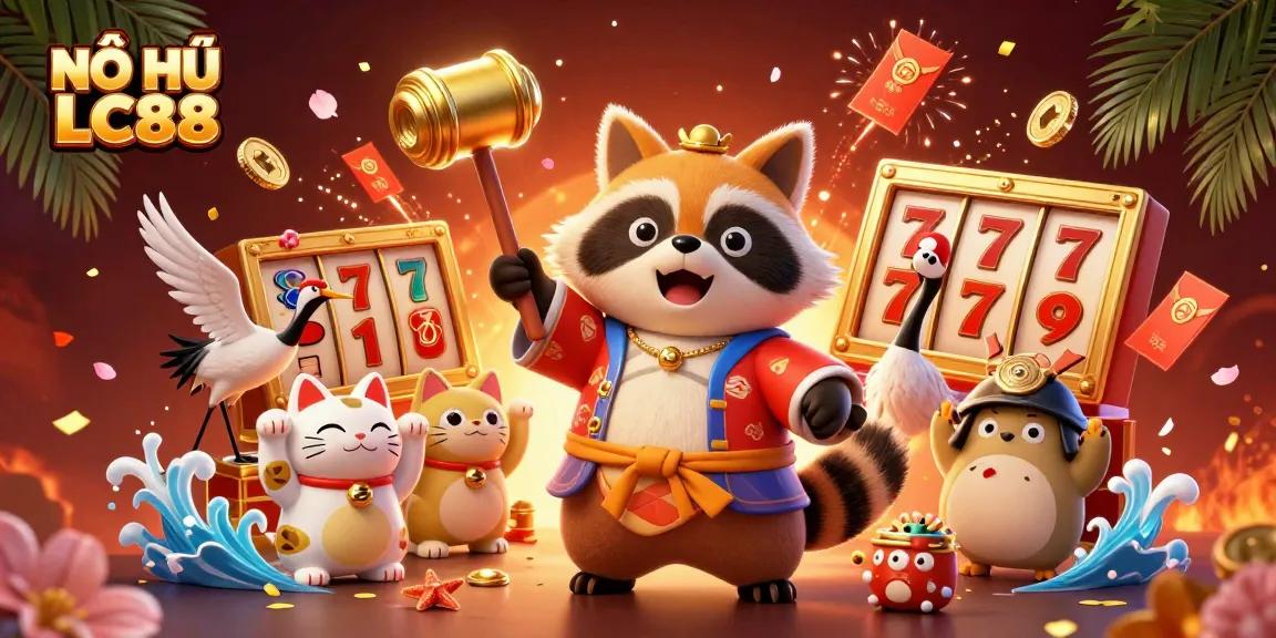 NỔ HŨ LC88 brings jackpot excitement with colorful characters and slot elements in a vibrant 3D scene.