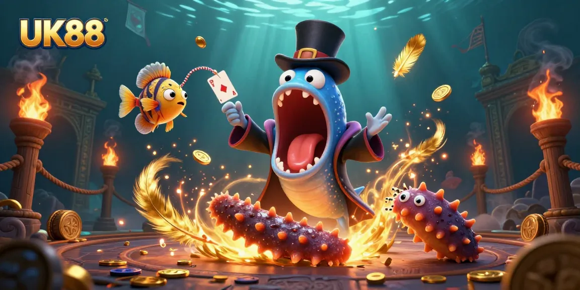 Experience magical betting thrills with UK88 featuring a deep-sea gulper eel magician and dynamic casino elements.