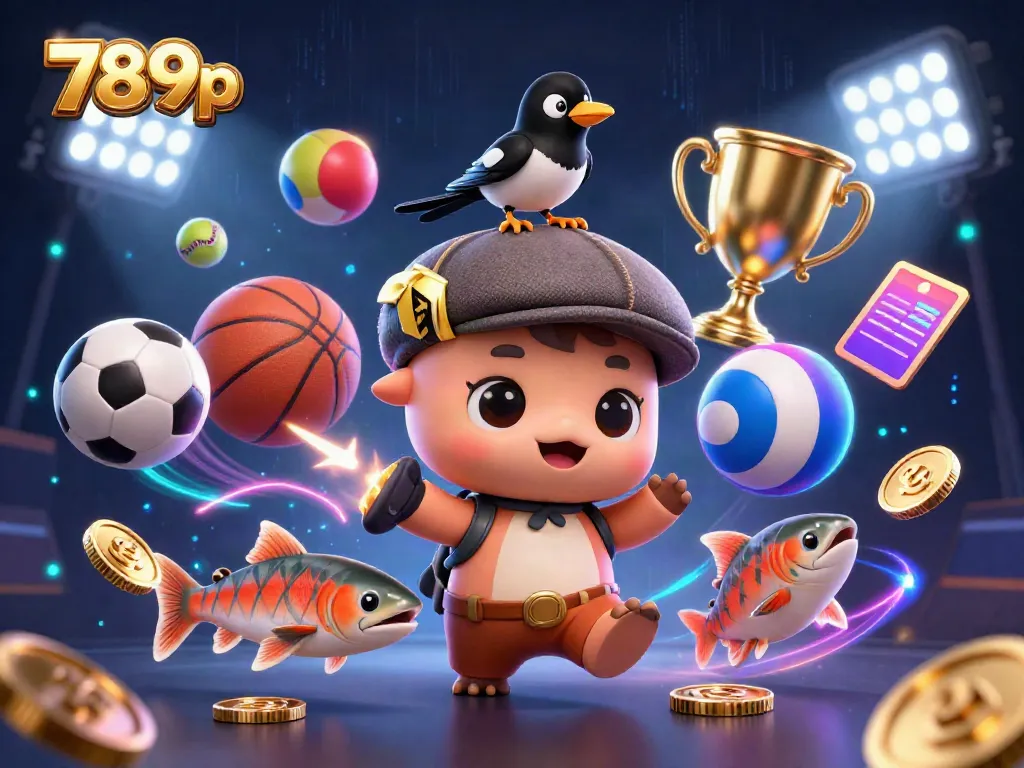 Experience the vibrant world of 789p with a playful scene featuring a cartoon baby Nessie surrounded by golden sports elements.