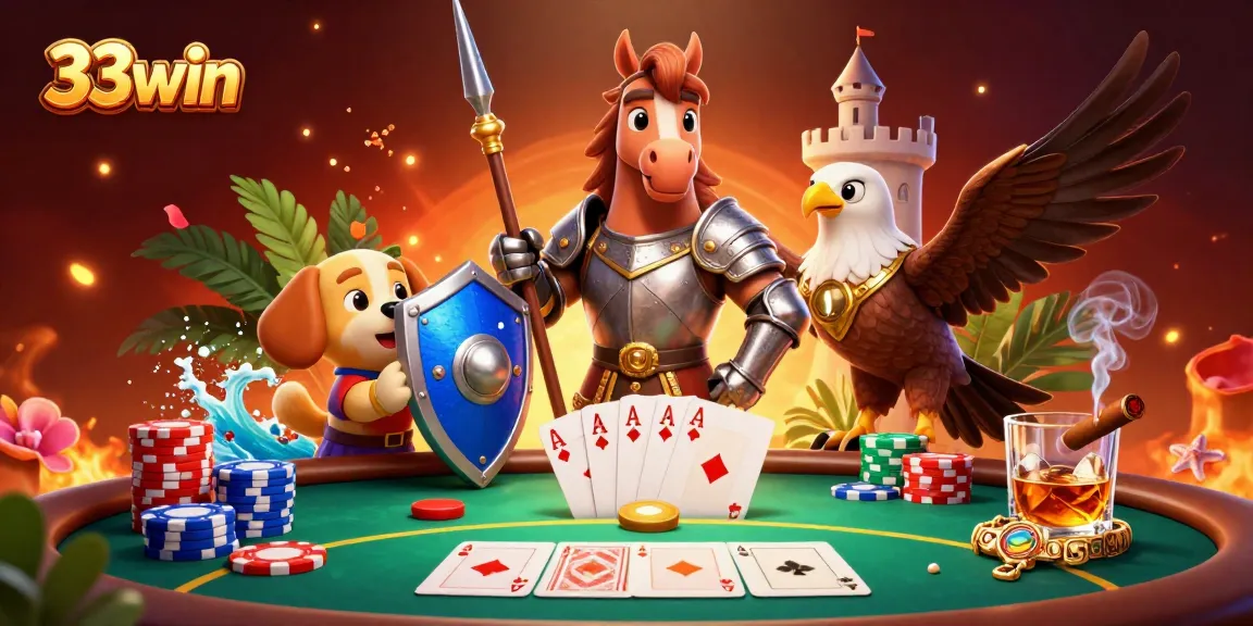 Engage in thrilling poker at 33win with a vibrant scene featuring a knight, puppy, and falcon.