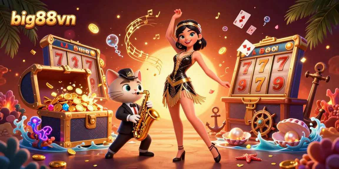 big88vn promotes thrilling gameplay with a lively casino scene featuring slot machines and fortune