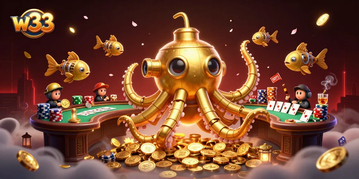w33 engages players with a rich casino experience illustrated by a mechanical kraken and poker elements.