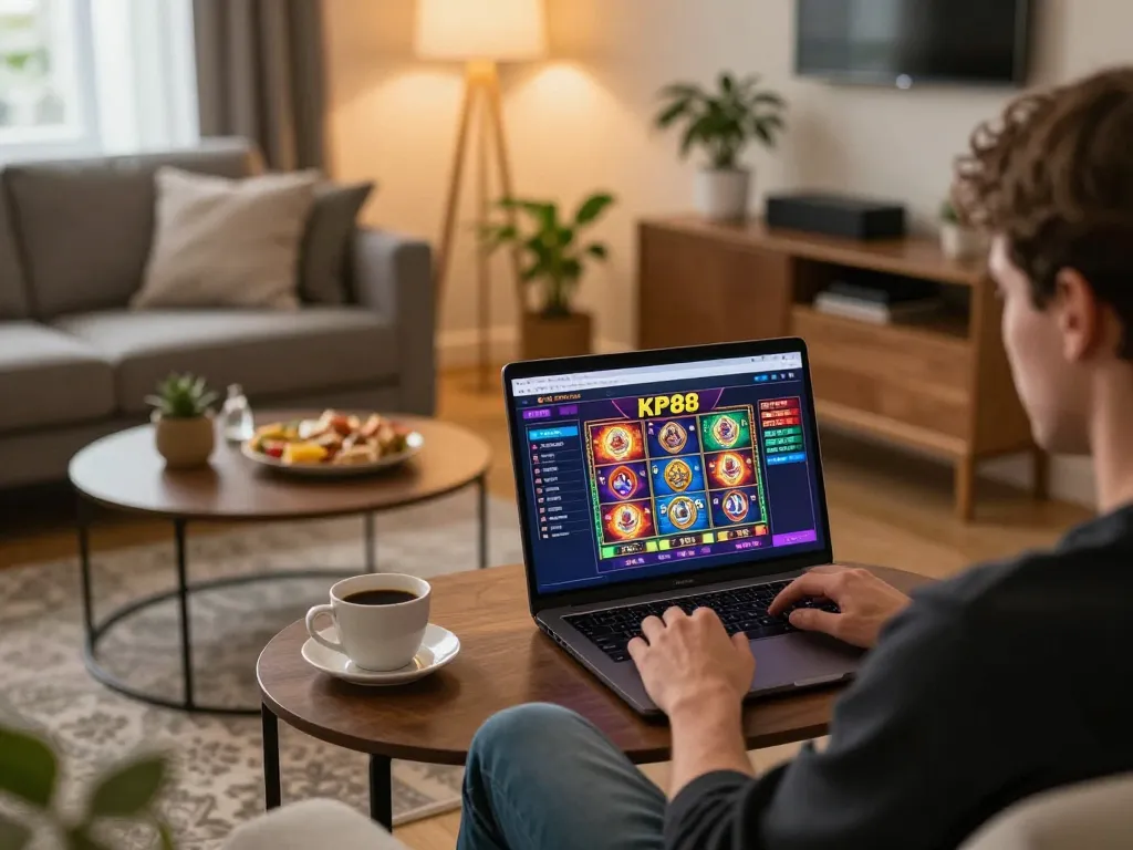 Engage in exciting online gaming at KP88 from the comfort of your home, featuring vibrant slot game graphics.