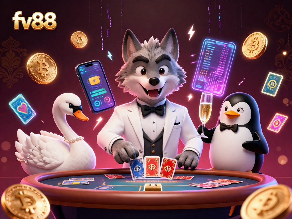 Experience fv88's vibrant casino atmosphere with a wolf, swan, and penguin celebrating winnings through games.