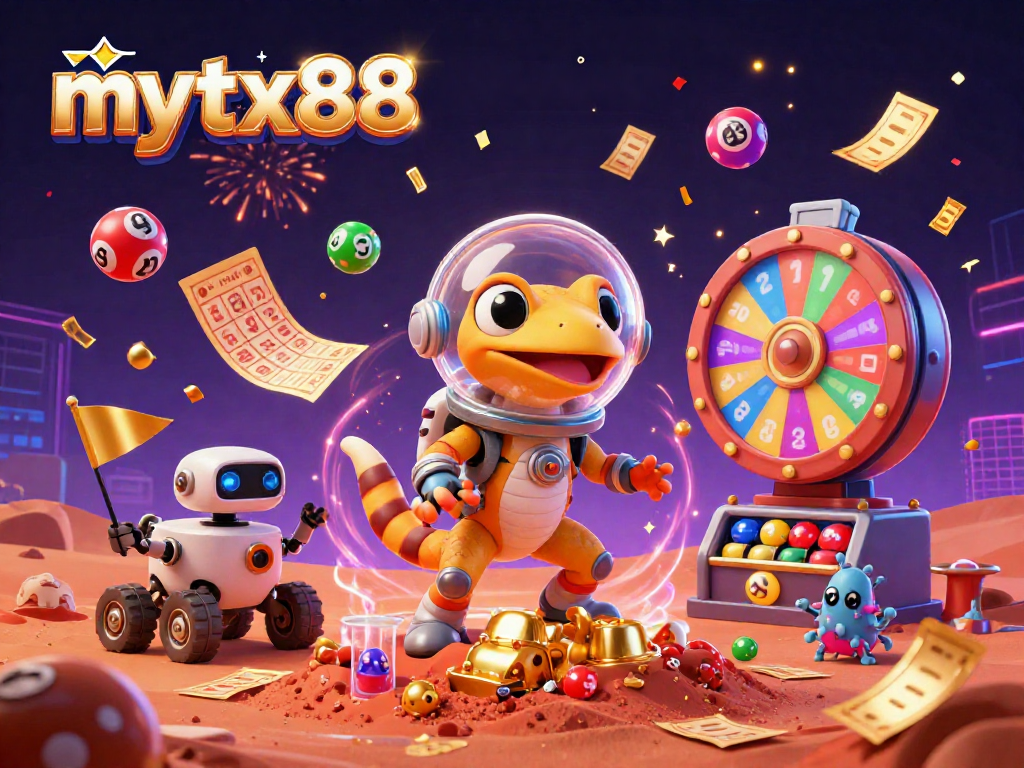 Experience gaming at mytx88 with an exciting Martian gecko discovering a golden casino amidst vibrant games.