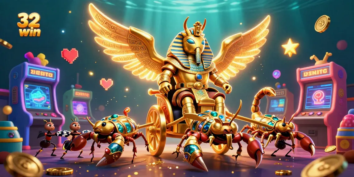 Experience the thrill of gaming with 32win, featuring vibrant characters and dynamic casino elements in a colorful 3D illustration.