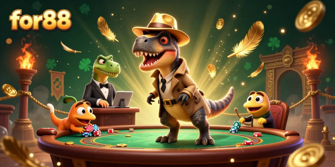 Experience thrilling gameplay at for88 with a velociraptor card counter sneaking chips at a blackjack table.
