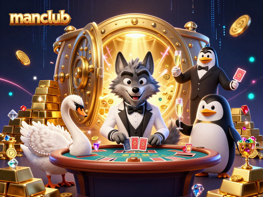 manclub depicts a debonair wolf at a baccarat table, swan dealer, and penguin sommelier surrounded by treasure.