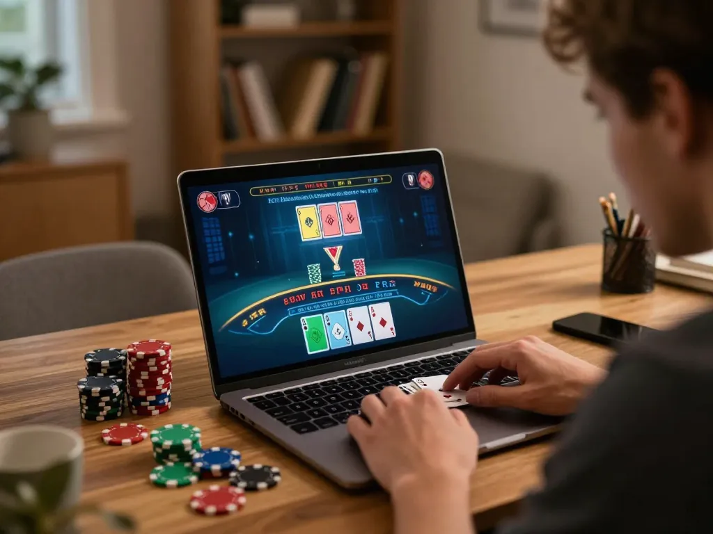 Player engaging in online blackjack on a laptop, highlighting 98win98 gaming experience.
