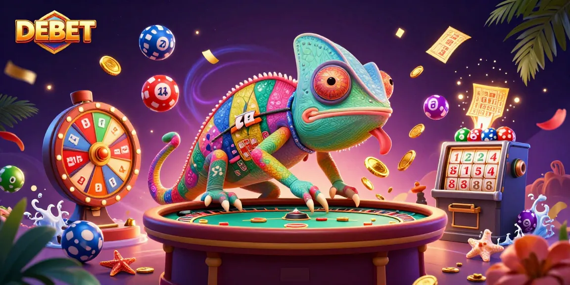 Engage in thrilling games with DEBET, watching vibrant lottery balls and casino elements collide.