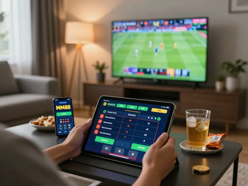 Experience online betting excitement with MM88 sports gambling on tablet in cozy living room