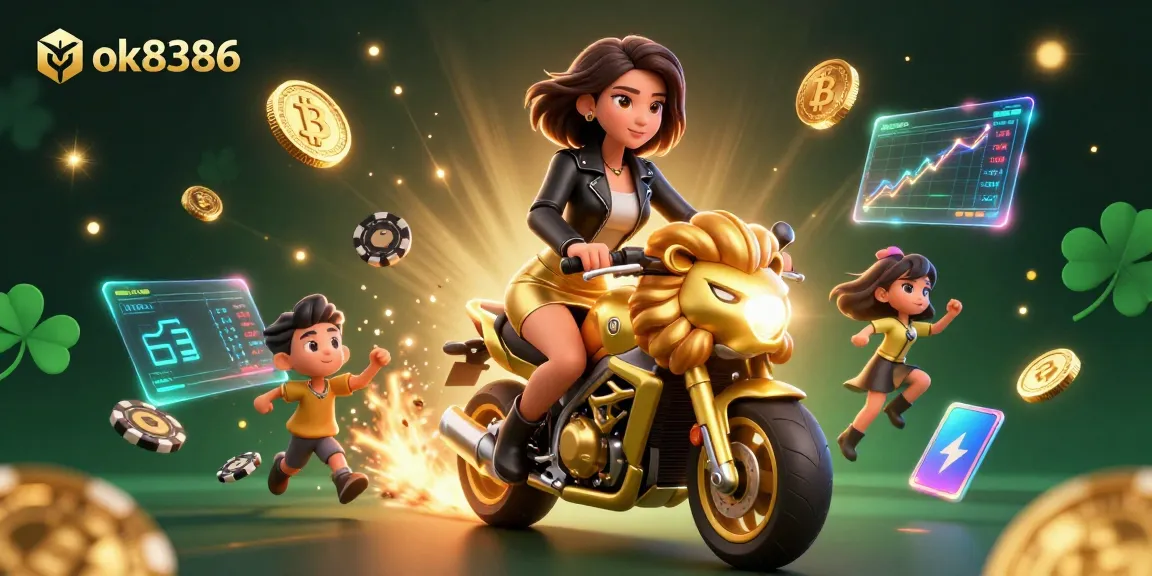 Engage with ok8386 casino action featuring a glamorous woman on a golden lion with crypto elements.