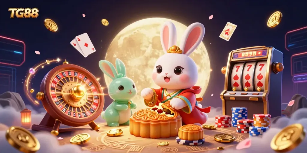 Experience TG88 with a vibrant scene showing a moon rabbit cracking open mooncakes revealing poker chips, set against a dazzling casino backdrop.