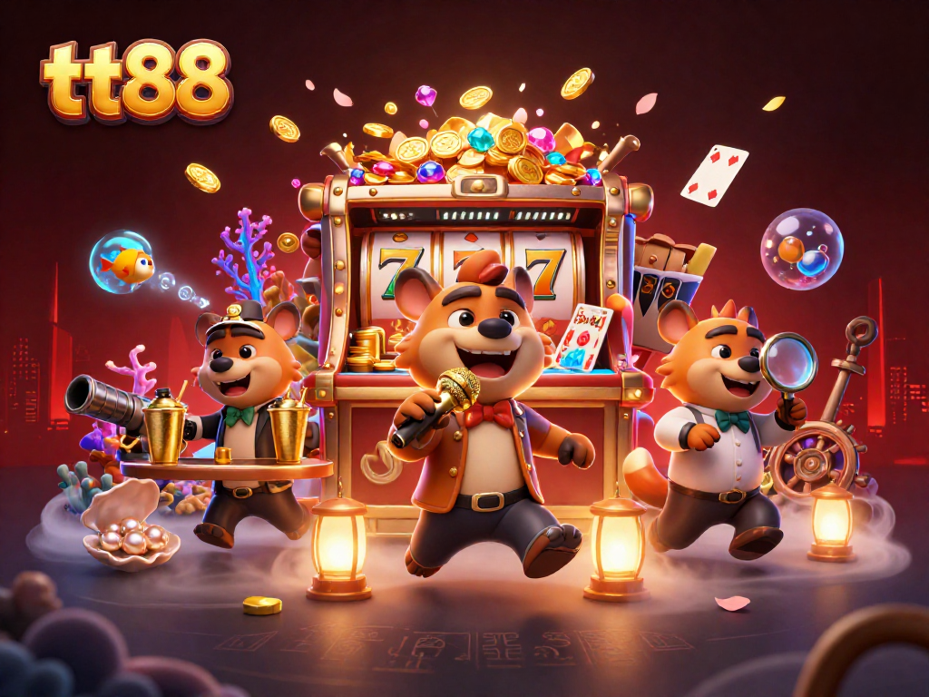 tt88 hyenas comedy casino scene with a stand-up comedian, bartender, and bouncer checking IDs.