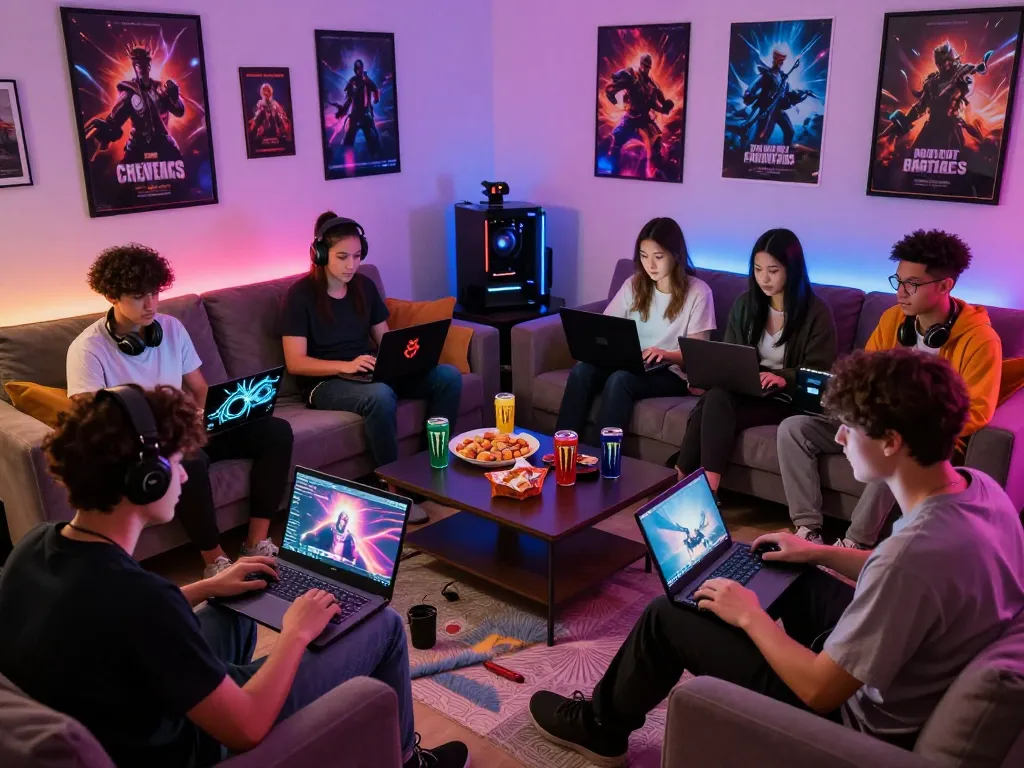 Exciting game sex scene with friends enjoying adult video games in a cozy setting.