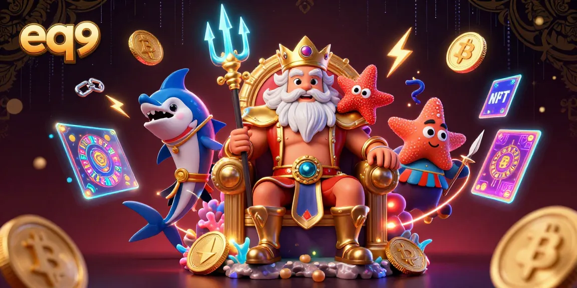 Experience thrilling gameplay at eq9 with a vibrant 3D casino scene featuring iconic characters and crypto elements.