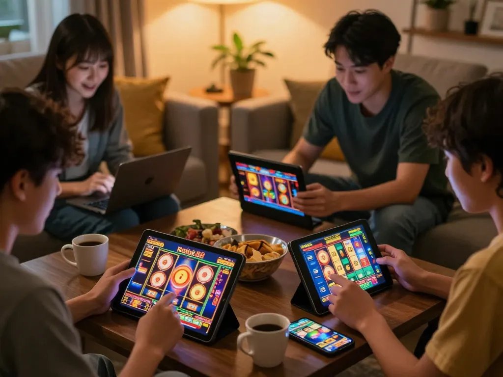 Pemain terlibat menikmati permainan slot rokok88 di perangkat mobile di rumah, menunjukkan kegembiraan dan kenyamanan.