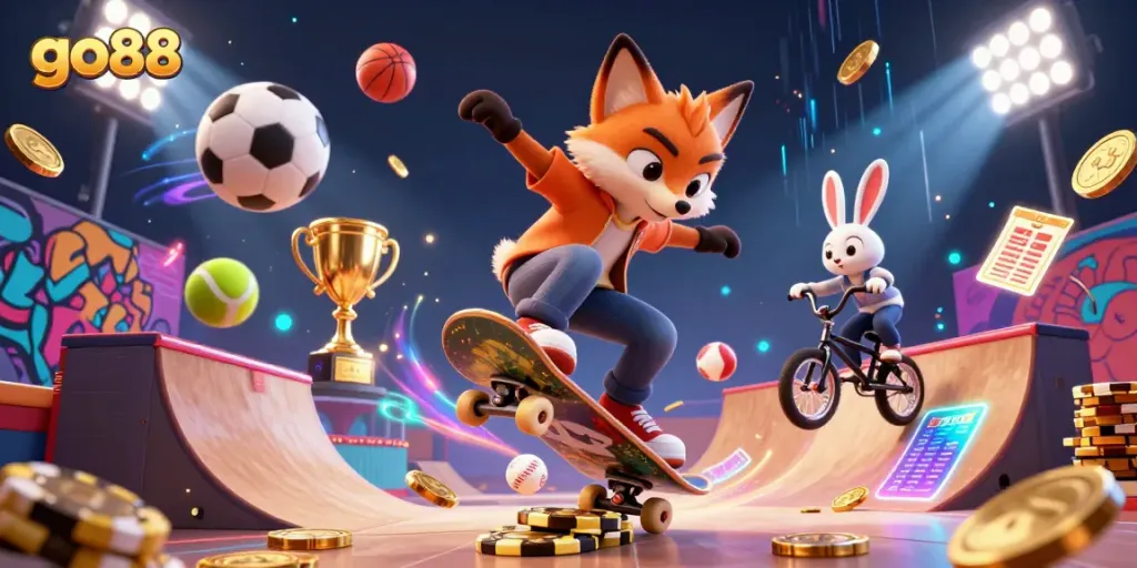 Experience the exhilarating world of go88 with vibrant 3D characters showcasing casino elements and competitive spirit.