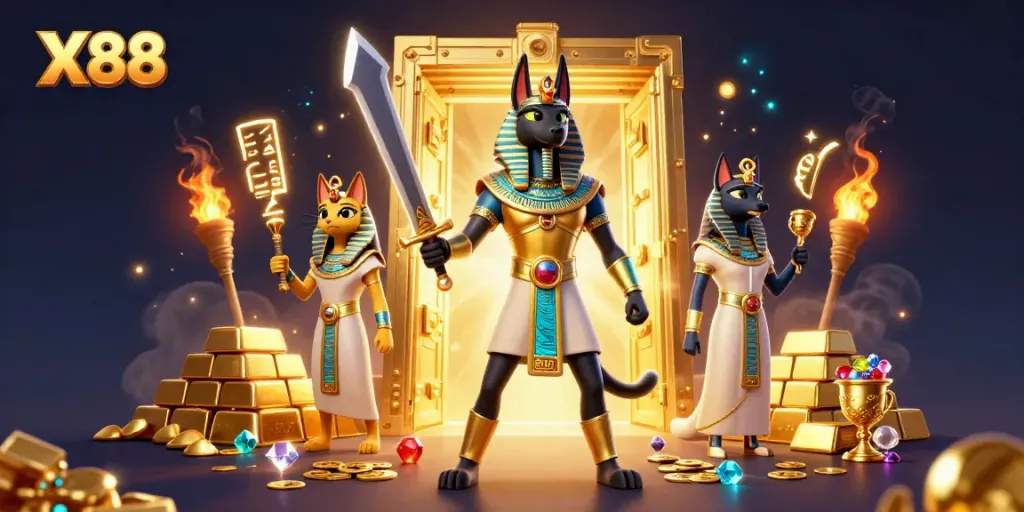 X88 players enjoy thrilling casino adventures with Anubis and Bastet amid treasure and gems.