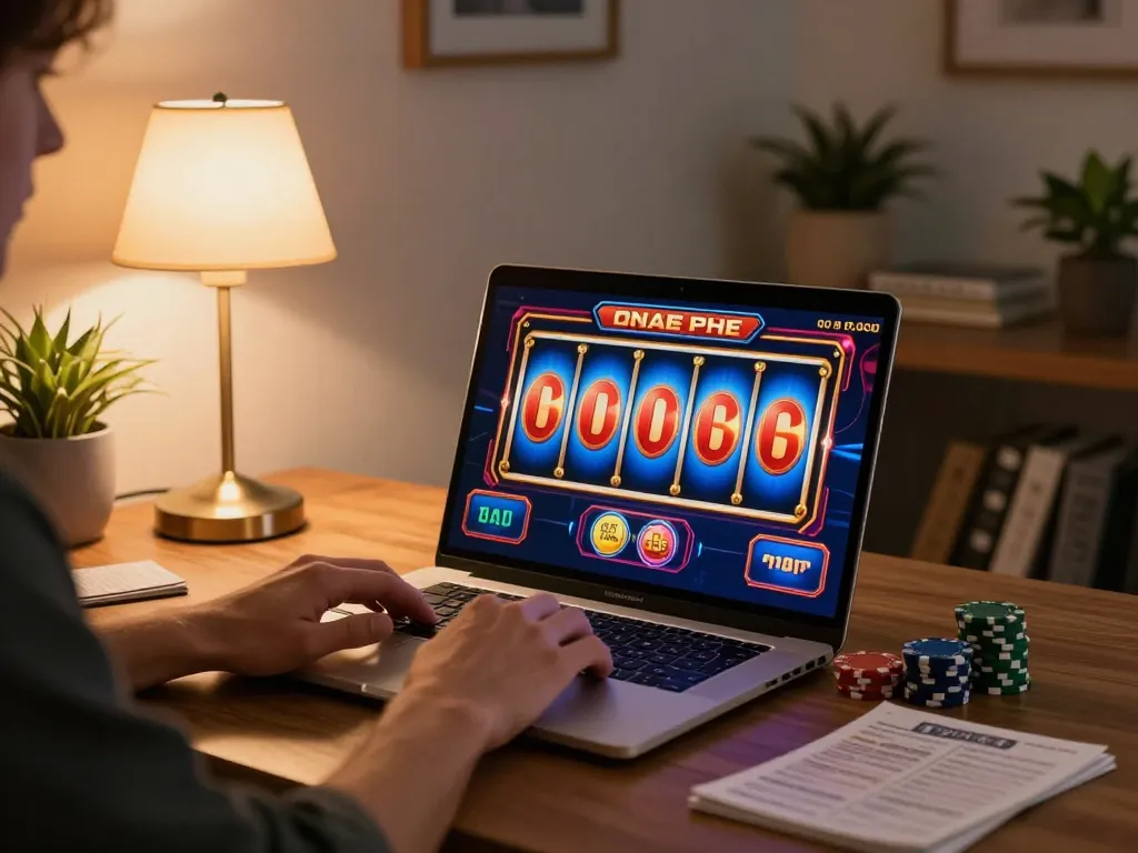 Engaging in online slots at jus77 with a vibrant gaming setup and cozy ambiance
