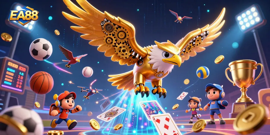 EA88 captivates players with a dynamic scene featuring a cybernetic eagle amidst holographic cards and sports elements.