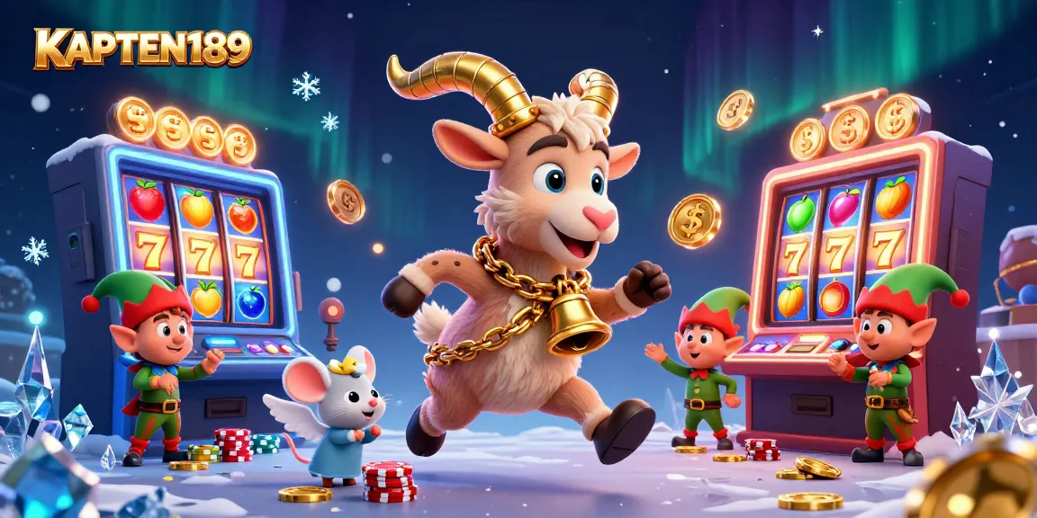 KAPTEN189 menampilkan ilustrasi 3D kartun, Krampus sebagai pengelola kasino jackpot, dikelilingi slot machine dan koin berkilauan.