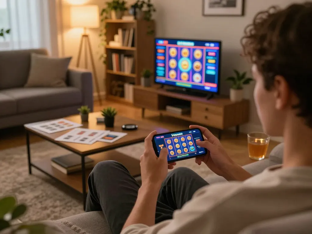 Engaging in mobile gambling with Vipwin casino app in a cozy home setting.