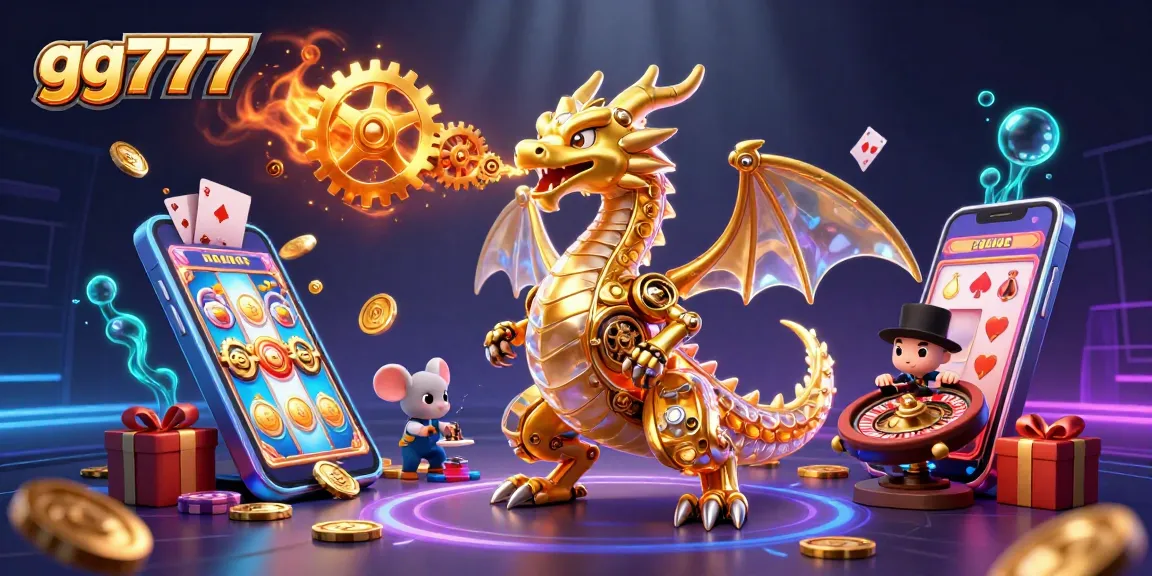 Experience the excitement of gg777 with a golden dragon and engaging casino games in this vibrant illustration.