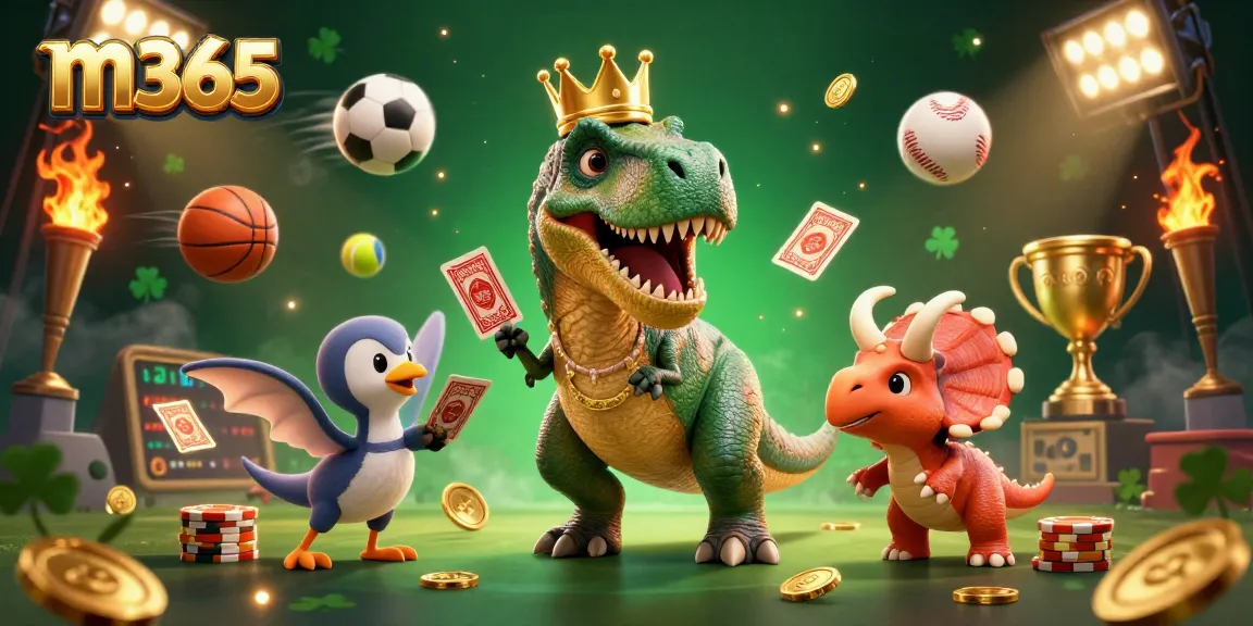 M365 platform showcasing a fun 3D dinosaur casino scene with cards and gold chips, perfect for engaging players.