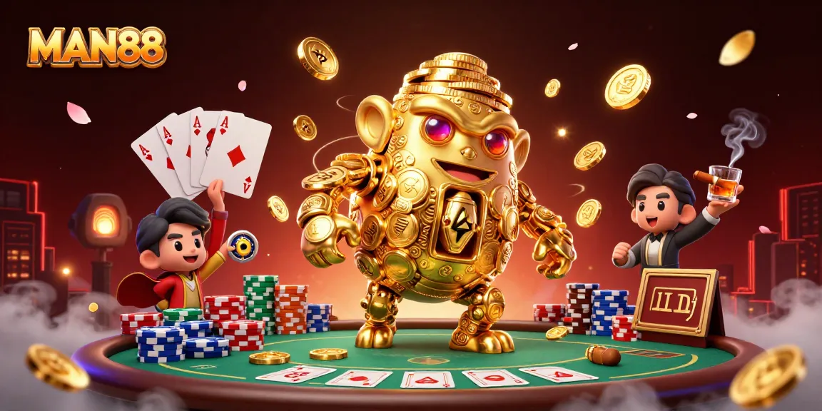 Experience thrilling gaming action at MAN88 with a vibrant casino scene featuring a golden golem.