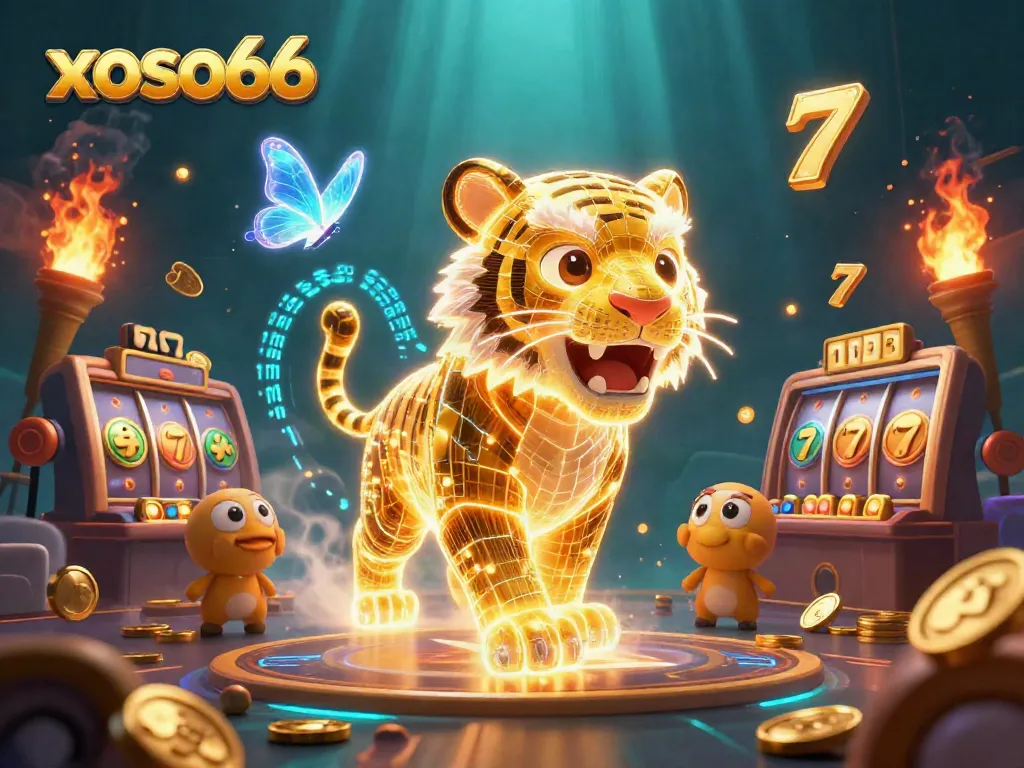 Experience excitement at xoso66 with a vibrant 3D casino scene featuring a golden tiger and slot machines.