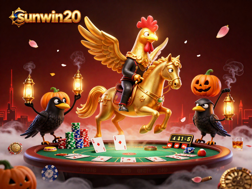 Experience the vibrant excitement of sunwin20 with a dynamic casino scene featuring a golden rooster and jackpot elements.