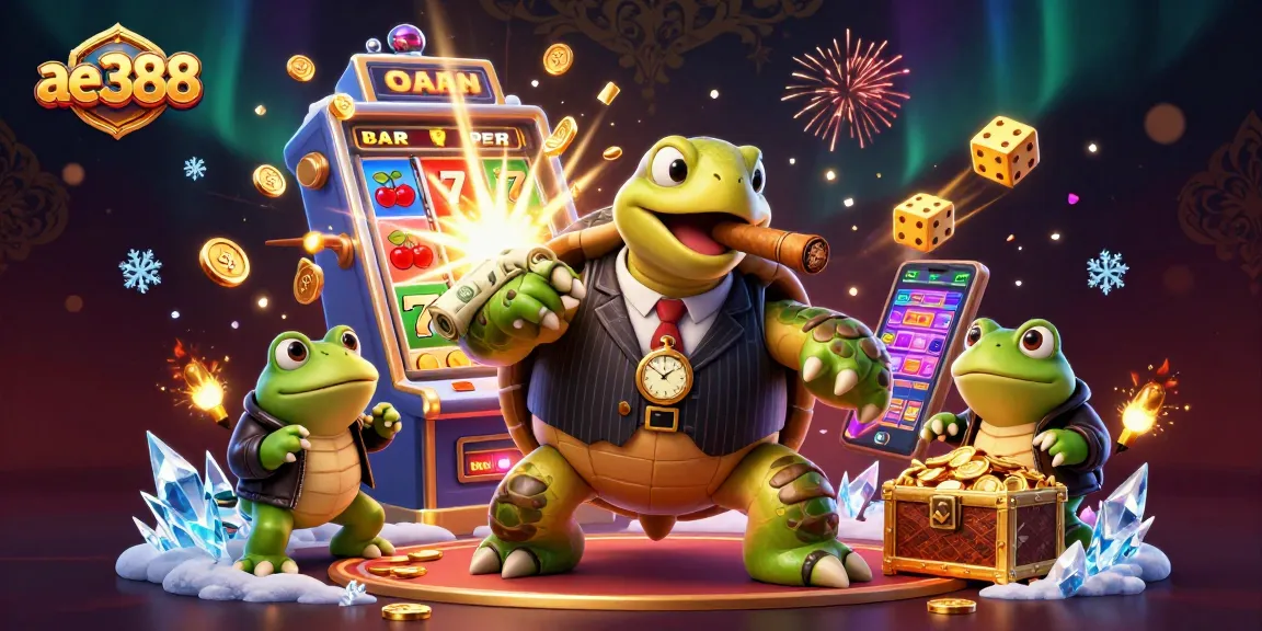 Engage with ae388's thrilling slots through a dynamic 3D casino scene featuring a turtle mobster.