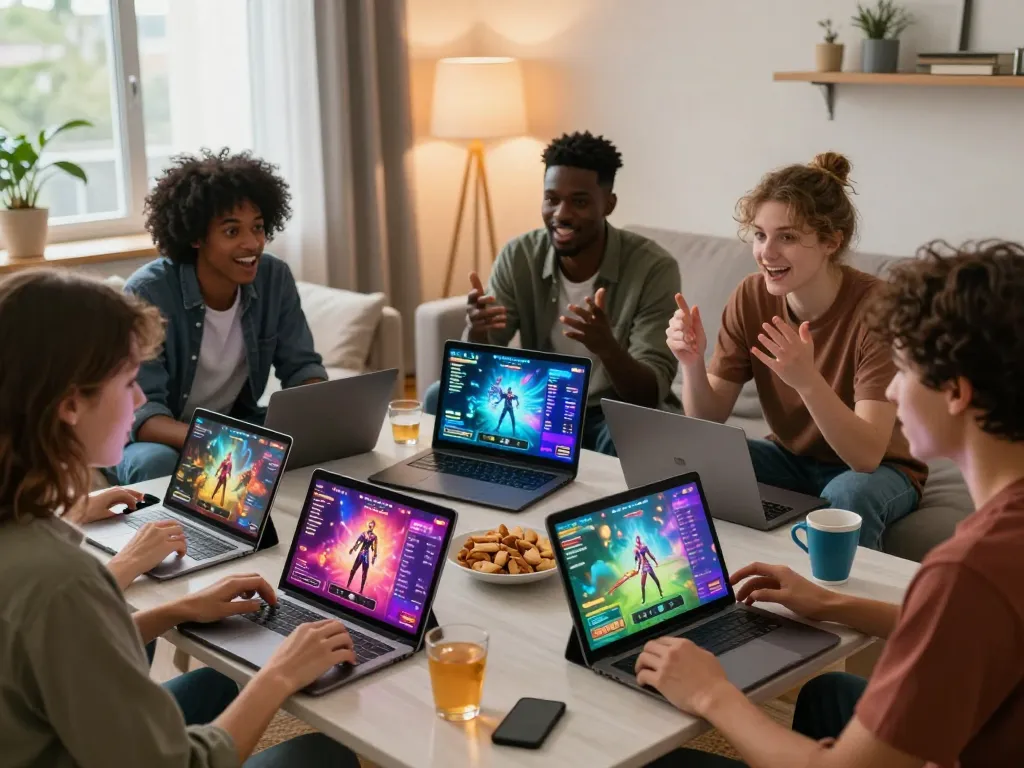 Engaged group enjoying html porn games together, showcasing vibrant screens and social interaction in a cozy setting.