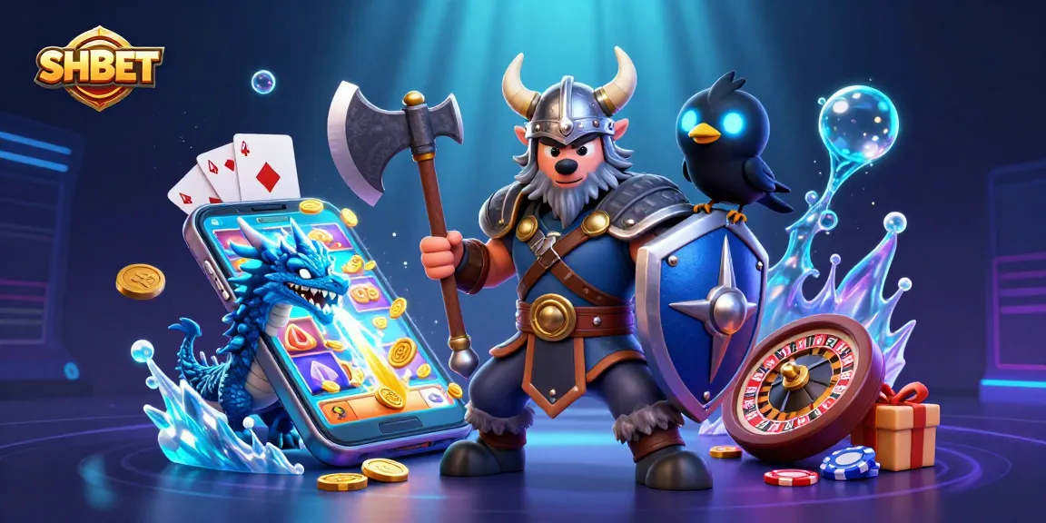 SHBET engages users with exciting slot game visuals featuring a Viking warrior, dragon, and glowing Edgar in an adventure-filled scene.