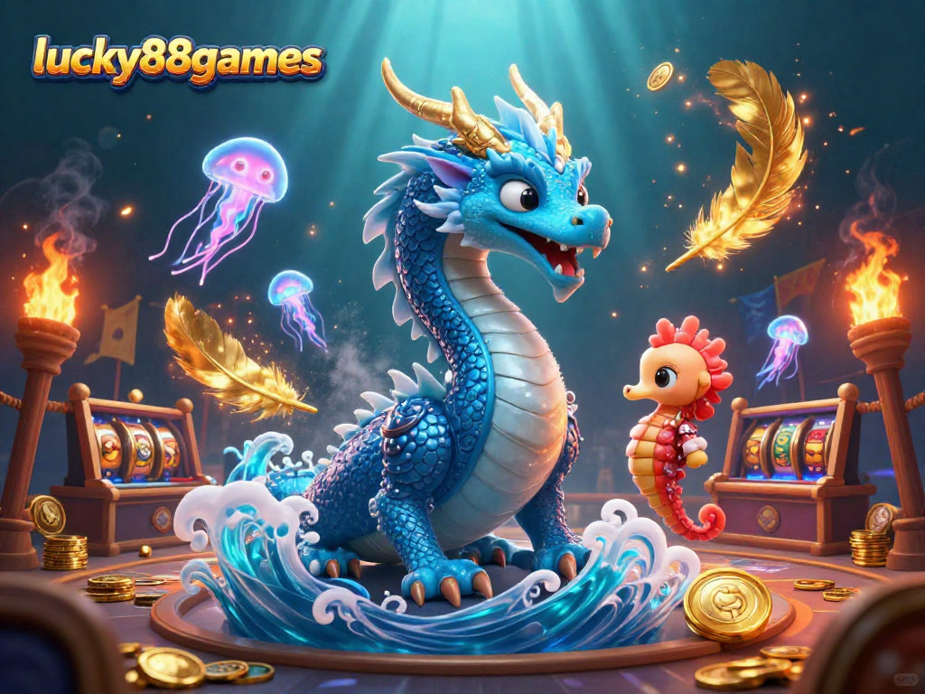 Immerse in lucky88games with a vibrant underwater scene featuring a dragon, seahorse knight, and glowing jellyfish.