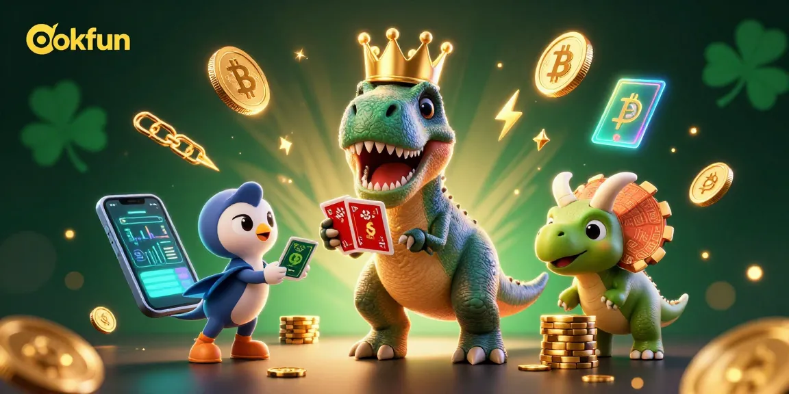 Experience thrilling gameplay at okfun with vibrant casino characters shuffling cards and stacking chips.