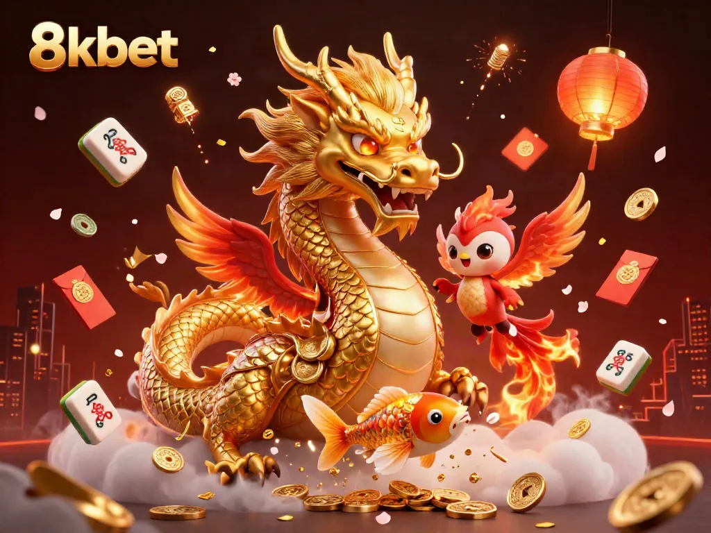 Engage in thrilling gaming experiences at 8kbet with a golden dragon, phoenix, and koi fish amidst a vibrant casino scene.