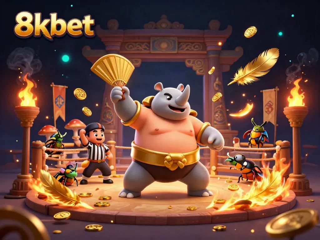 Experience thrilling bets at 8xbet with a vibrant sumo champion scene featuring flying coins and energetic elements.