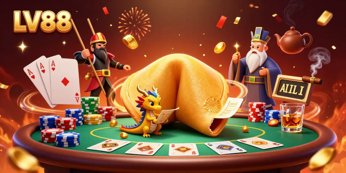 Engage in thrilling games at LV88, with a vibrant illustration capturing poker excitement in a magical scene.
