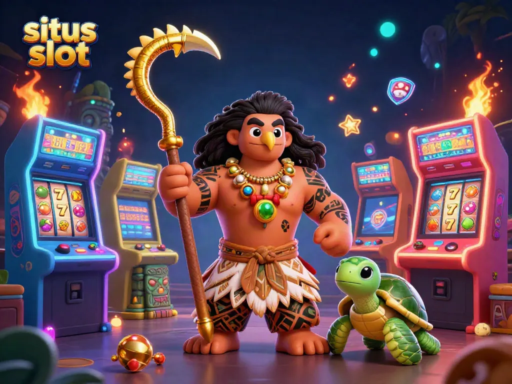 Engage with the vibrant world of situs slot, highlighted by a Polynesian-themed demigod and casino elements for top gaming fun.