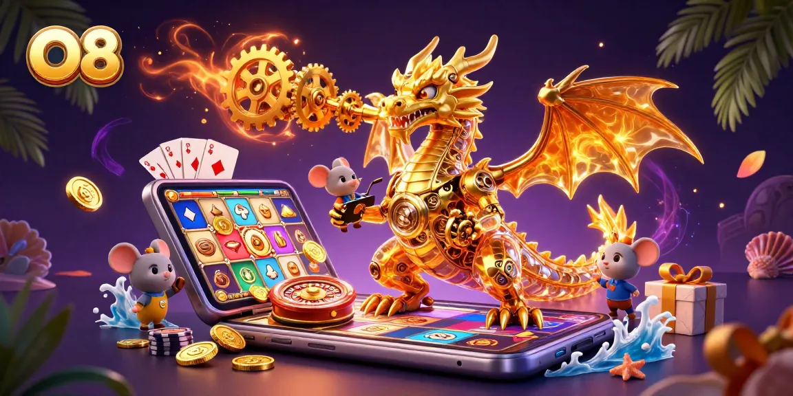 O8 slots experience showcases a golden dragon amidst winning gears and cards.