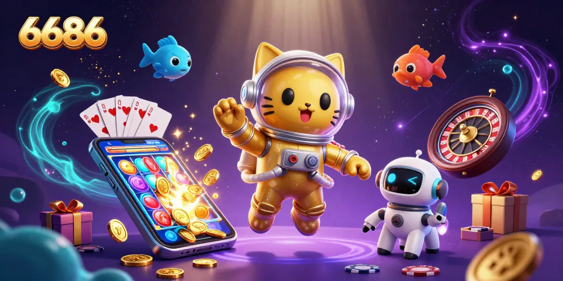 Engage in thrilling 6686 gambling action with vibrant slots, floating coins, and cartoon characters.