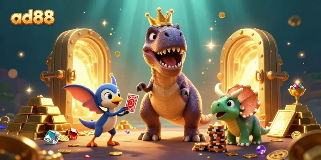 Join the fun at ad88 with our playful T-Rex, Pterodactyl, and Triceratops in a vibrant casino scene.