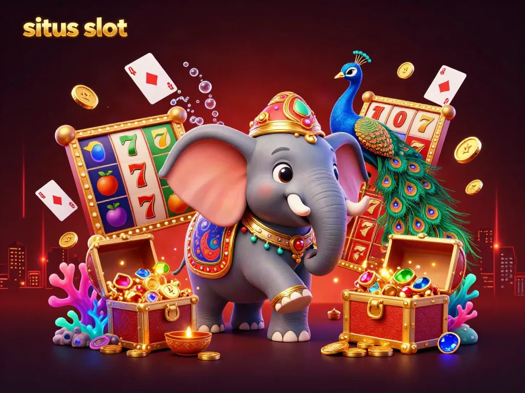 Experience the excitement of situs slot with vibrant characters and dynamic casino symbols in this 3D illustration.