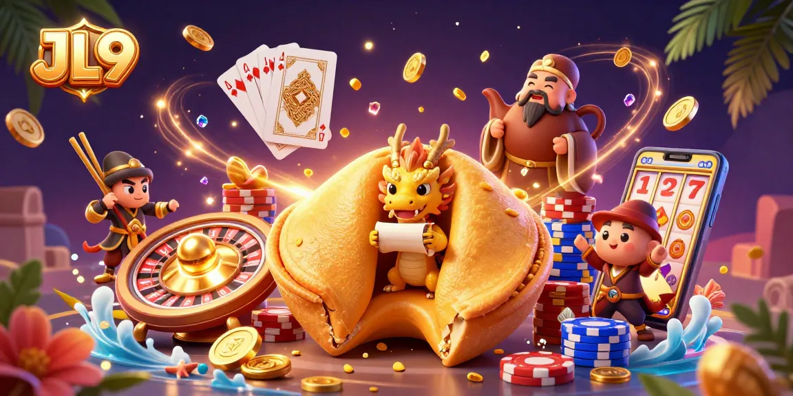 JL9 engages players with a vibrant, 3D casino scene showcasing fortune cookies, dragons, and dazzling game elements.