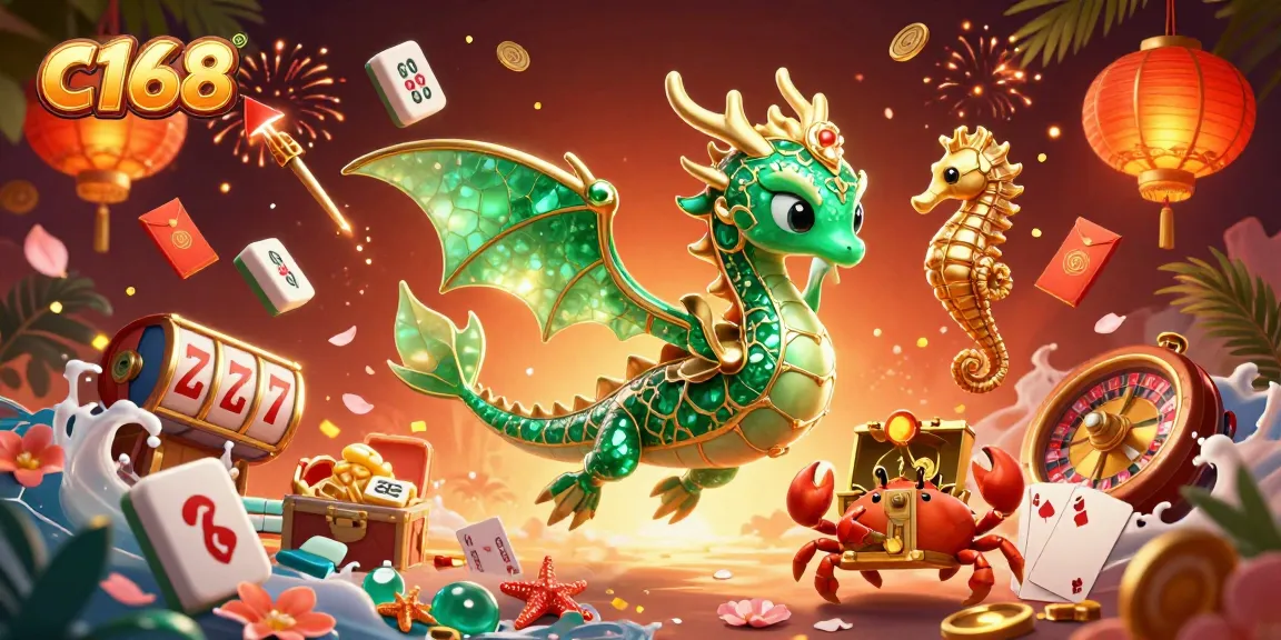 C168 celebrates vibrant casino energy with dragons, slot reels, and festive lanterns.