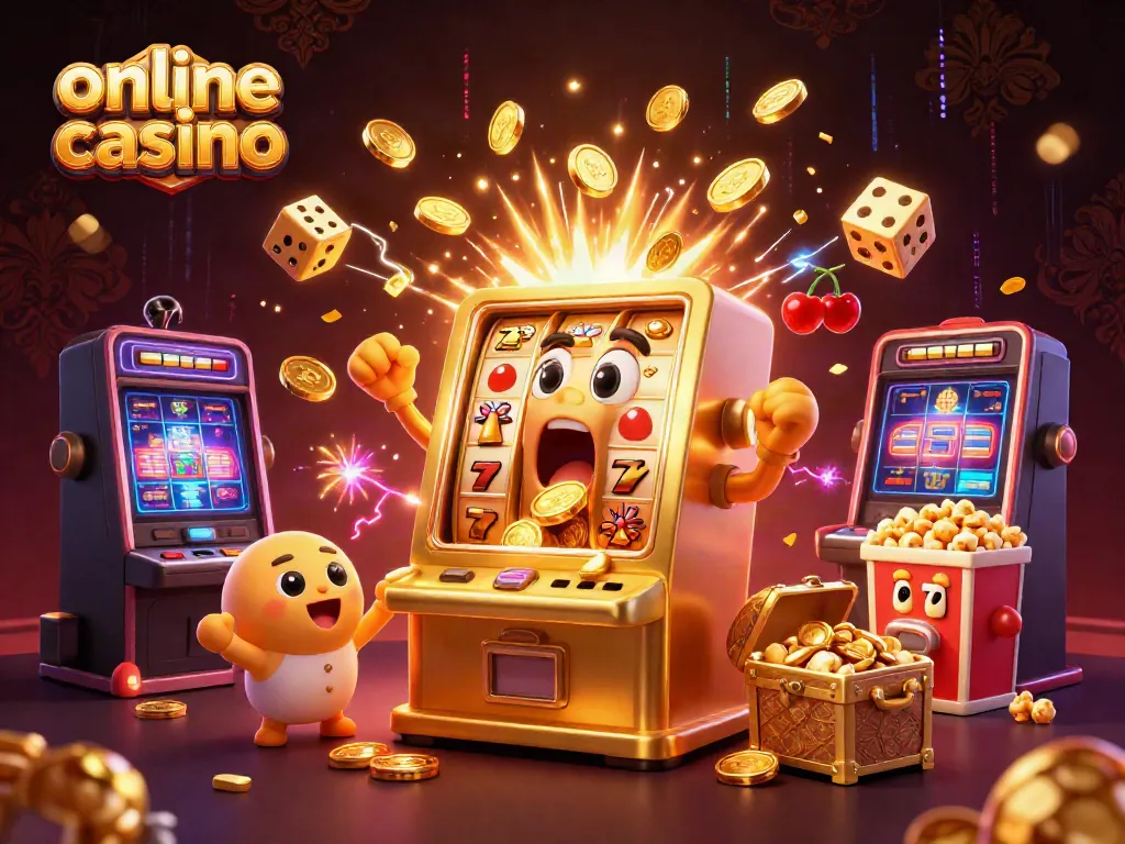 Engaging scene featuring a golden slot machine celebrating its jackpot, showcasing the excitement of an online casino.