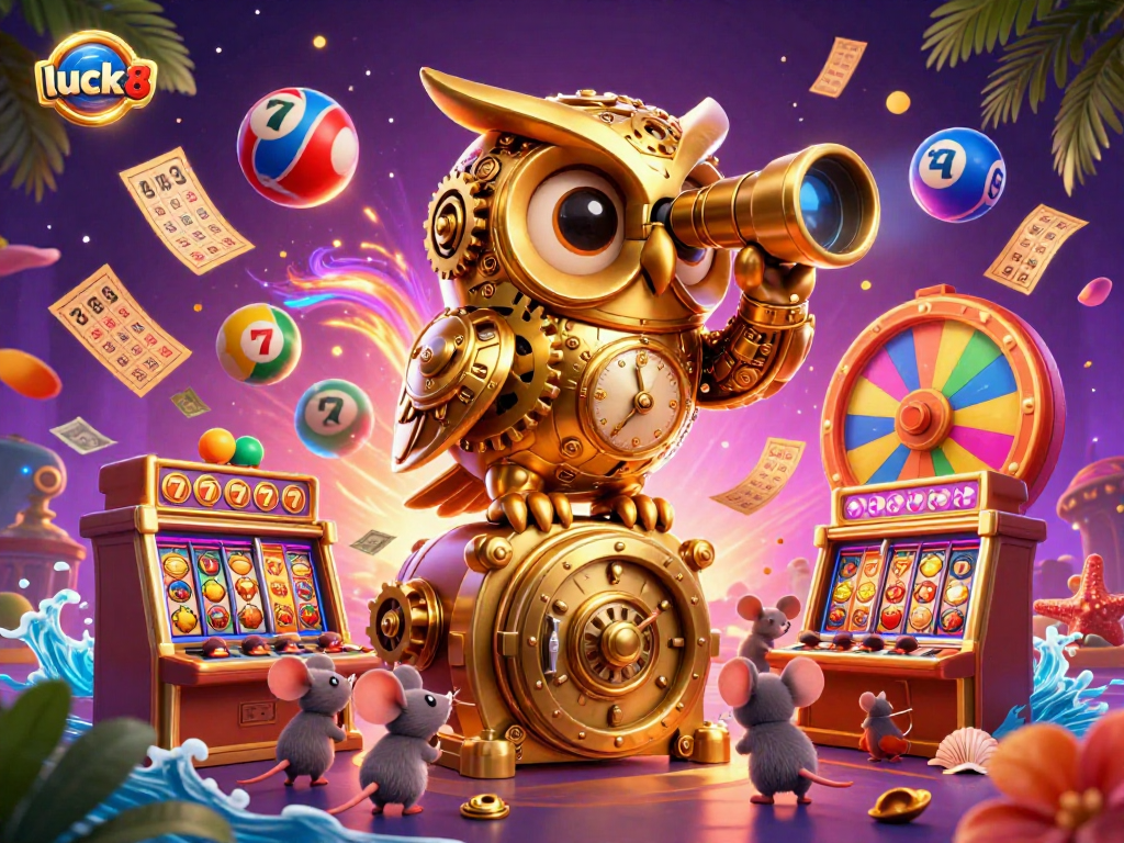 Experience thrilling gaming at luck8 with a lively scene of a golden owl overseeing vibrant slot machines and playful characters.